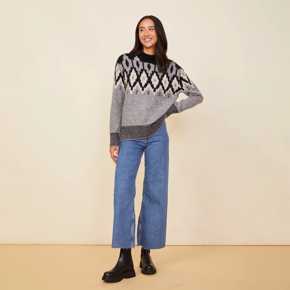 MONROW Mock Neck Fair Isle Sweater In Heather Grey XS - Picture 4 of 6